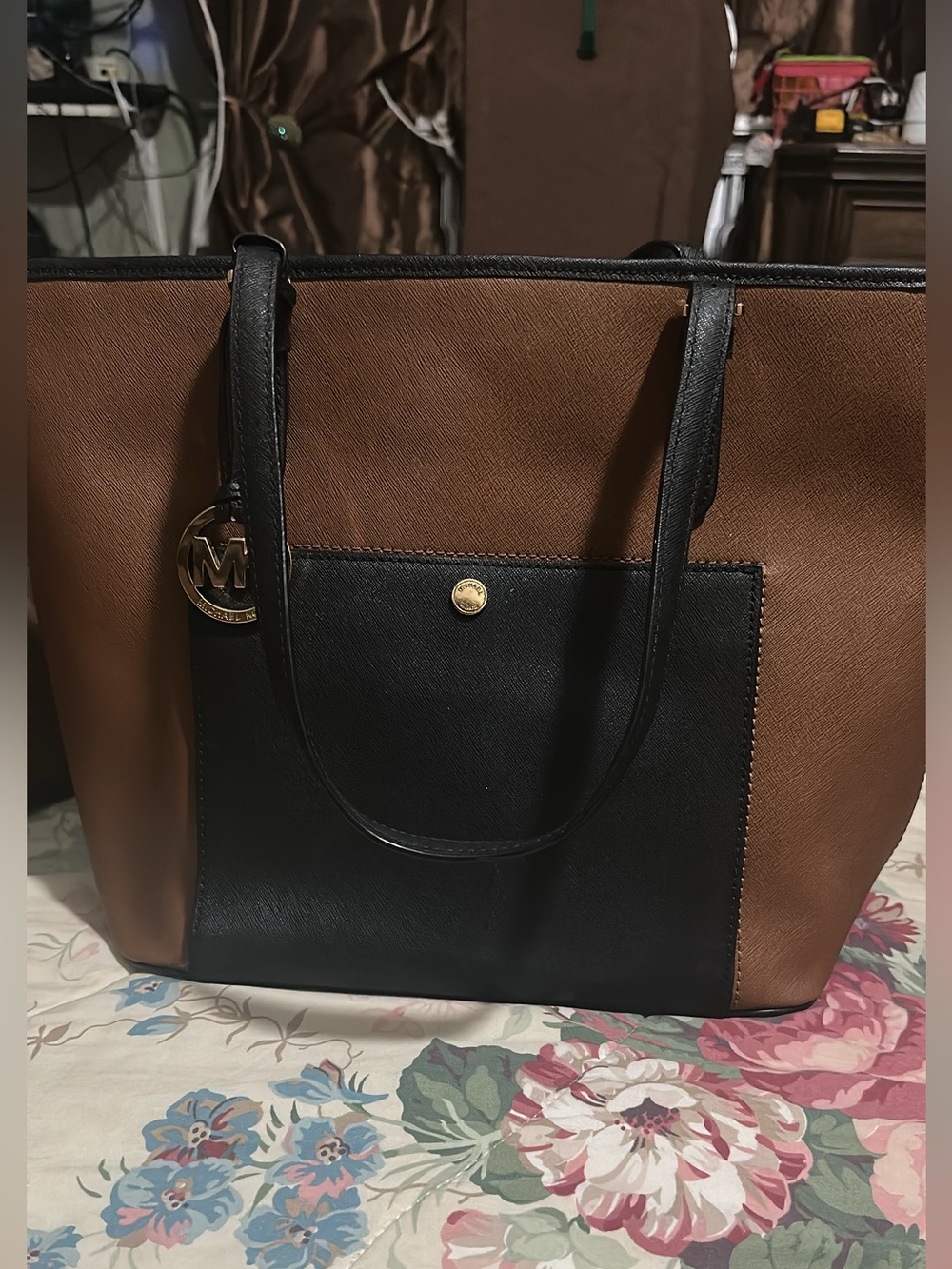 Michael Kors Brown and Black Saffiano Leather Tote with MK Charm